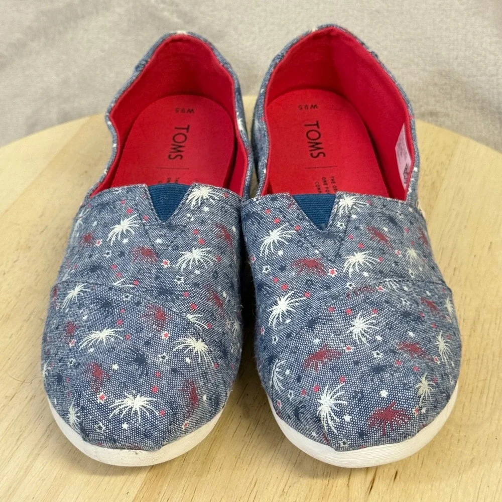 TOMS Womens 9.5 Blue Firework Patriotic Fourth of July Alpargata Slip On Shoes